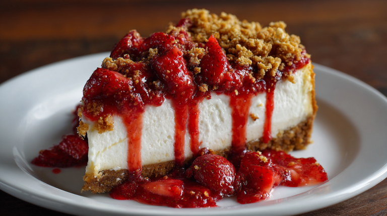 strawberry crunch cheesecake with creamy layers