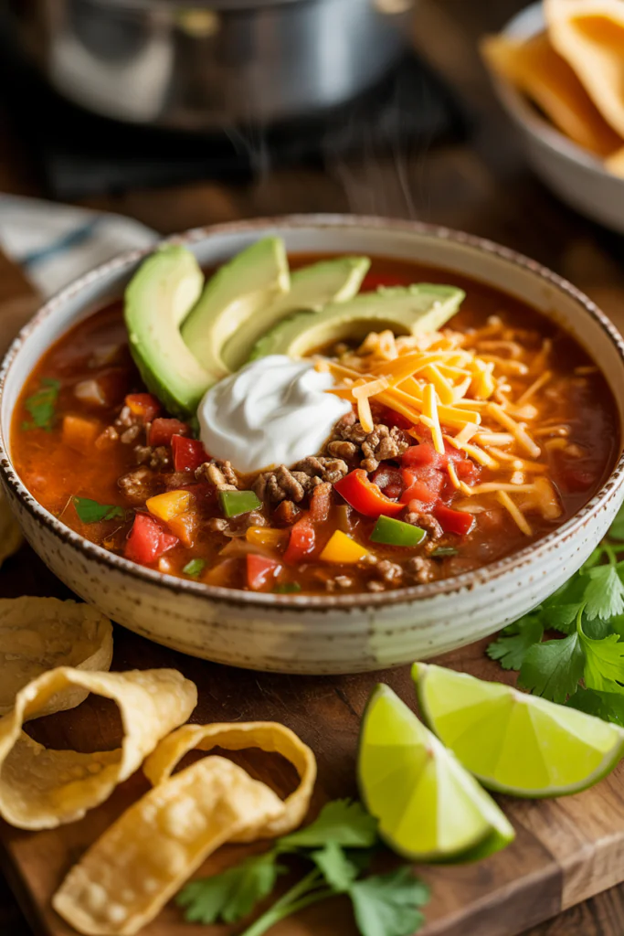 Taco soup with avocado slices