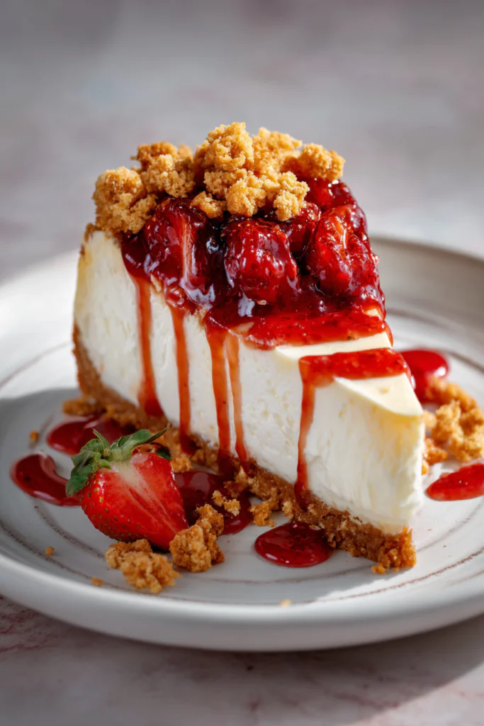 strawberry crunch cheesecake slice close up